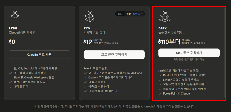 Free / Pro / Max 요금제 비교 화면